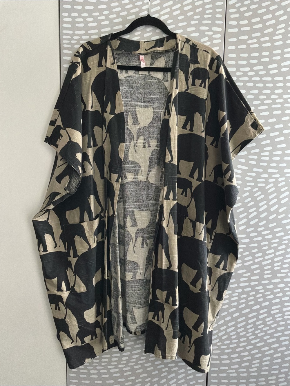 Nakimuli Elephant Print Open Kimono in Beige & Black